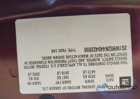 2004 Chevrolet Impala Ls из США, поврежденный, VIN 2G1WH52K449422890